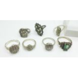 Seven silver and marcasite Art Deco style rings, (some 'stones' lacking)