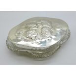 A silver topped glass trinket box decorated with Reynolds angels, Chester 1902, top 12cm wide