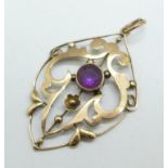 A 9ct gold and amethyst pendant, 2.6g, 29mm x 40mm
