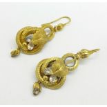 A pair of Victorian yellow metal stone set earrings, (tests as high carat gold), 3.7g
