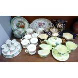 Royal Albert Moss Rose coffee cups and saucers, (7+6), a lustre fruit set, an egg cup stand, a