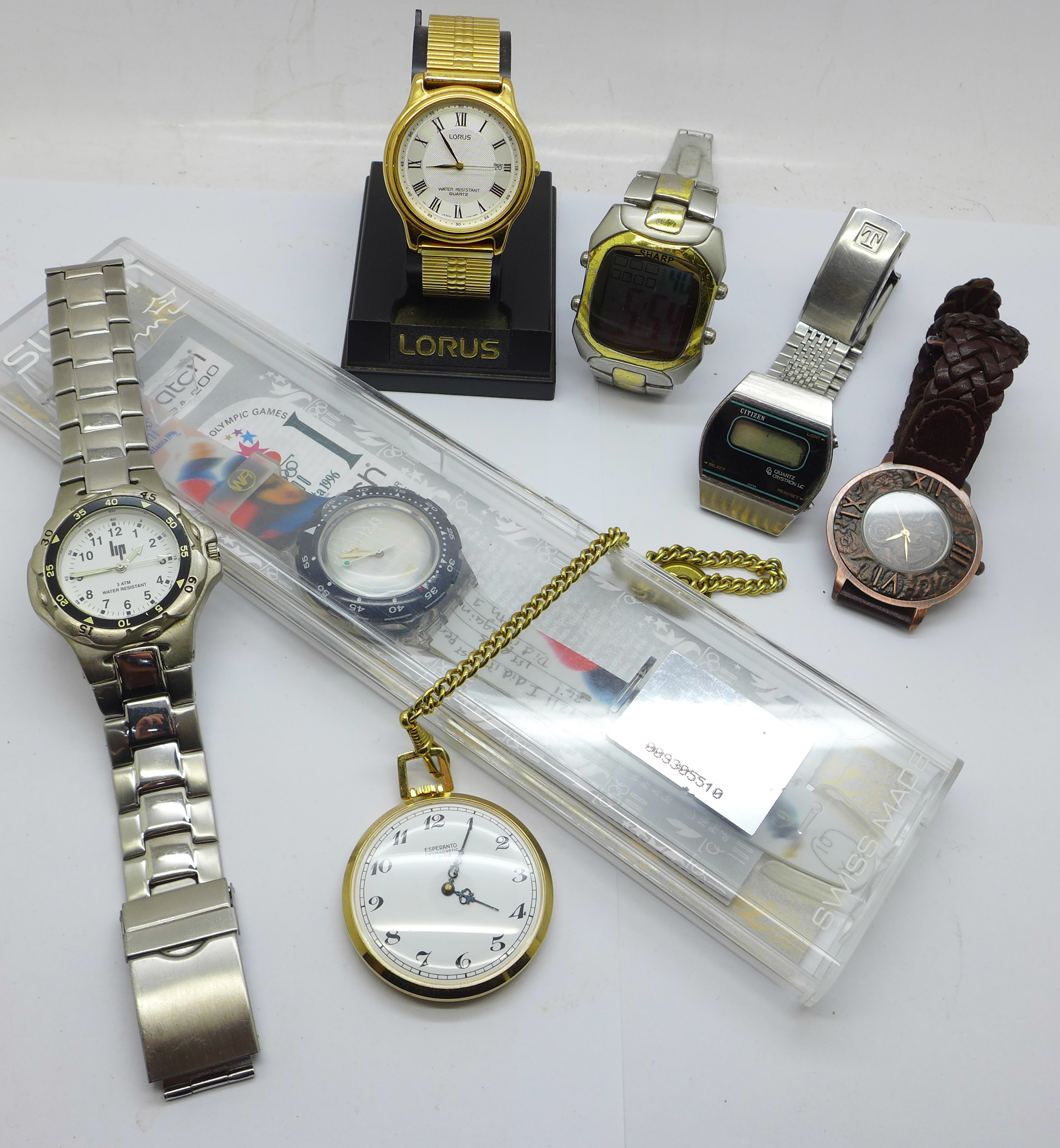 A Swatch Atlanta 1996 wristwatch, a Citizen quartz wristwatch and other watches