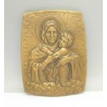A bronze plaque depicting Holy Mary and baby Jesus, 9cm x 12cm
