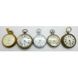 Four pocket watches, one a/f, and a Garrard stop-watch, (the Garrard with personalised case back)