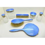 A seven piece silver and blue guilloche enamel dressing table set, Birmingham 1928, Adie