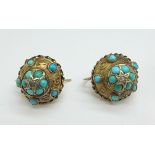 A pair of Victorian 15ct gold, turquoise and rose cut diamond earrings, 6g