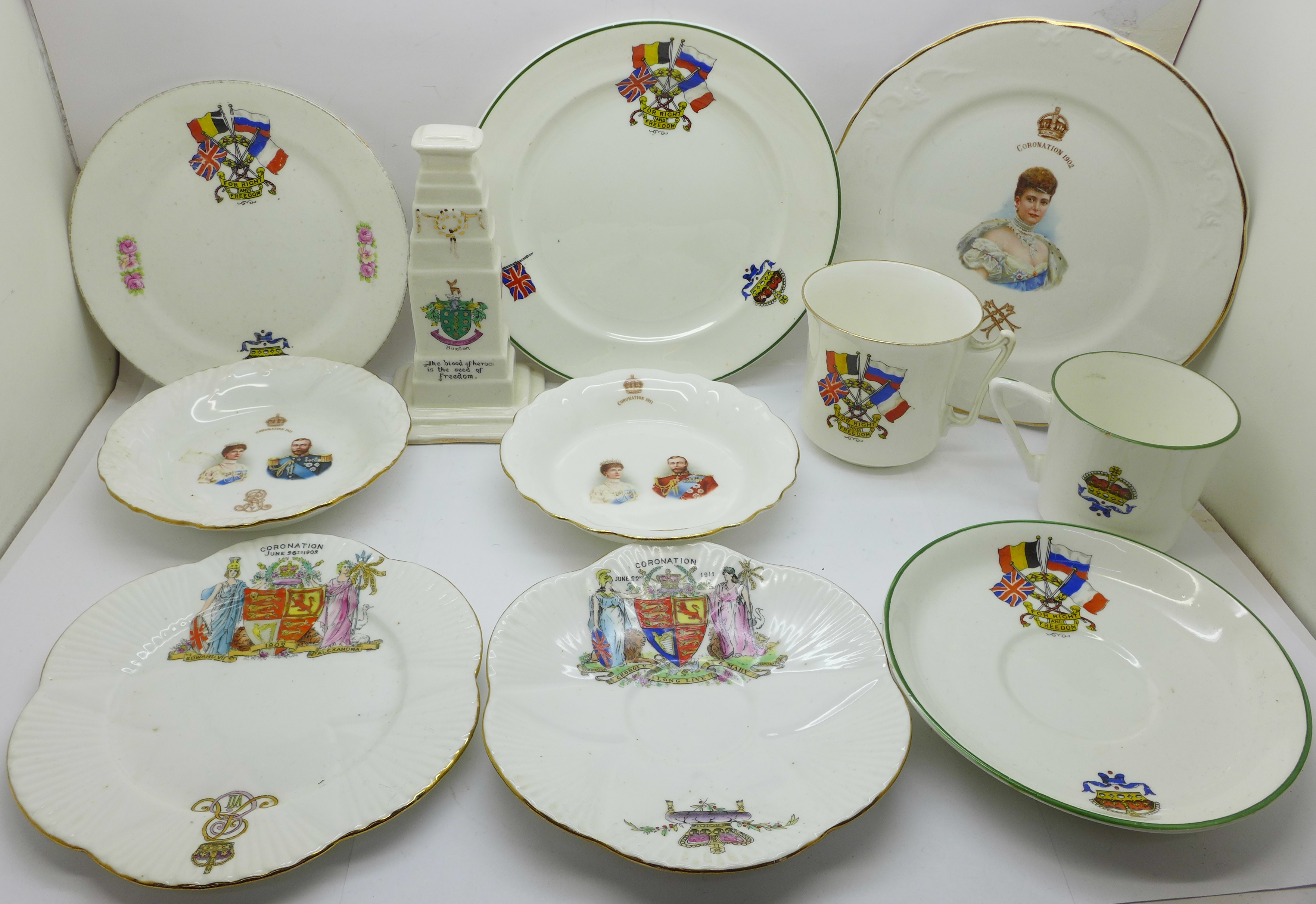 A collection of Royal commemorative china including Foley, Shelley, and a crested Buxton War
