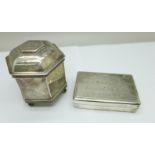 A silver plated snuff/tobacco box with inscription dated 1853, 7cm, and a plated hexagonal shaped