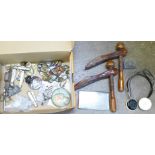 A box of assorted items including plated ware, pen knives, lead soldiers, etc.