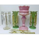 A pair of green glass lustres and two other glass lustres