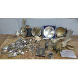 A collection of plated and metalware, flasks, a pair of pheasants, a mirror, a shell dish,