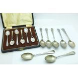 Two silver spoons, 37g, a cased set of six coffee spoons by Walker & Hall, and five other plated