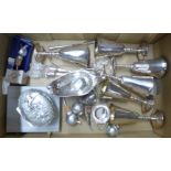 Plated ware including goblets, a heavy jug with bird handle, bottle pourers, etc., (trinket box a/f)