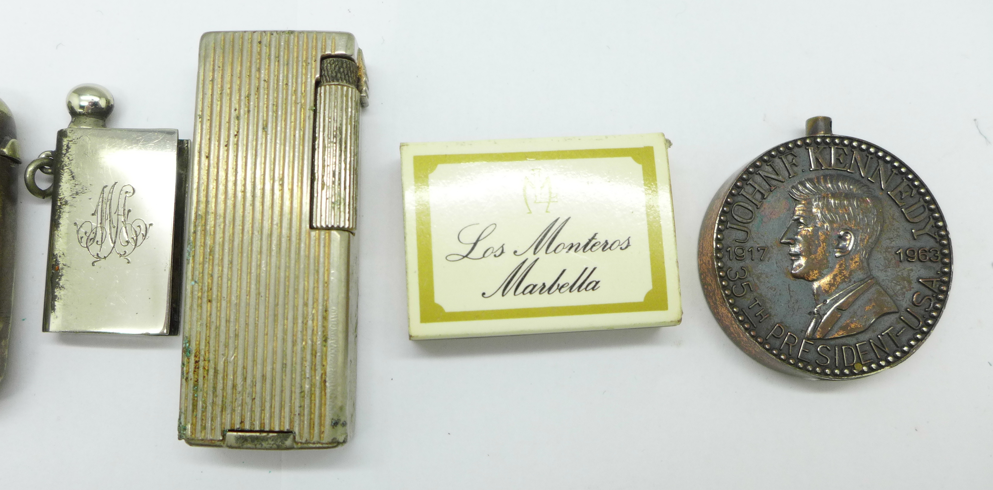 Three lighters including Dunhill, with initials, and novelty John F. Kennedy, a vesta case, etc., - Image 3 of 4