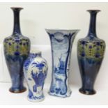 A pair of Royal Doulton vases, one a/f, chipped, 38.5cm, a Delft vase and an oriental vase with