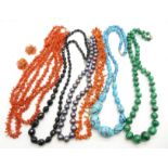 Six necklets including malachite, French jet, coral, etc., and a pair of coral earrings