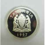 A 1997 Tanzania 500 shillings silver proof coin, Queen Mother commemorative, issued by the Royal