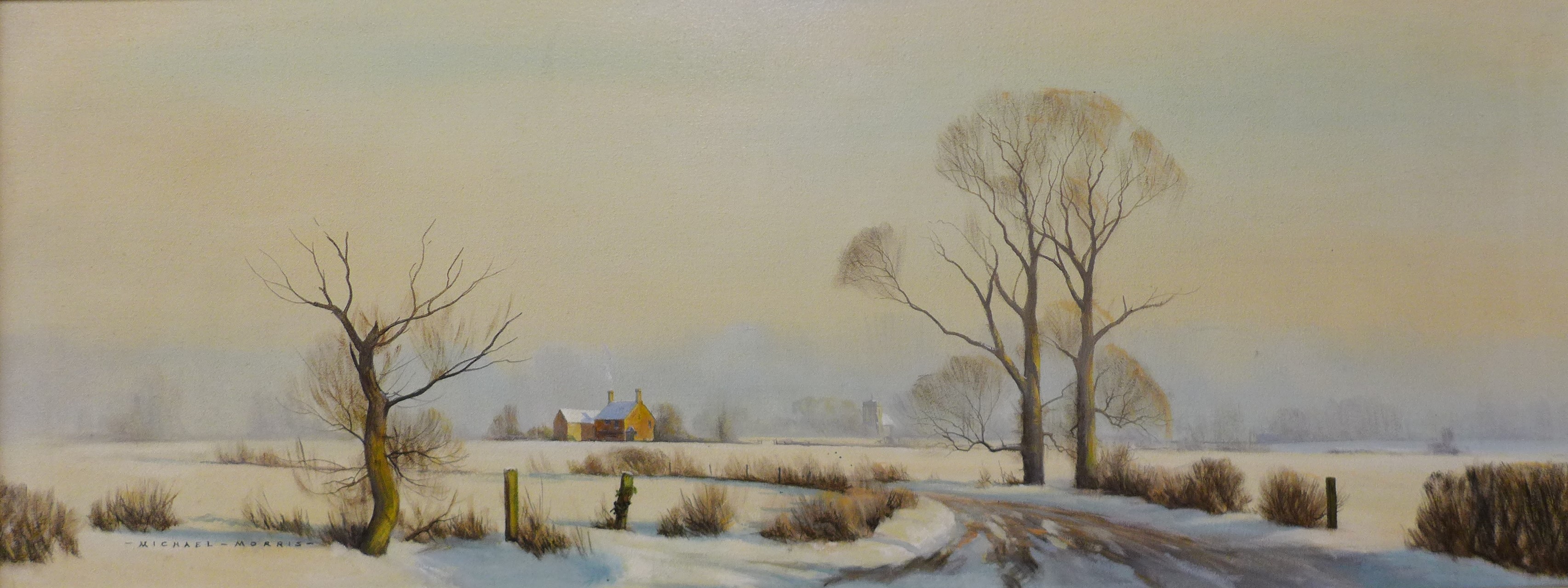 Michael Morris (b. 1938), rural snowy winter landscape, oil on canvas, 34 x 90cms, framed