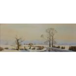 Michael Morris (b. 1938), rural snowy winter landscape, oil on canvas, 34 x 90cms, framed