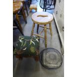 A pine stool and two other stools