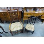 An Arts and Crafts child's ebonised rush seated chair and an 18th Century elm rush seated elbow