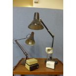 Two metal anglepoise desk lamps, etc.