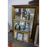 A black and gilt framed mirror, another mirror and three watercolours of birds