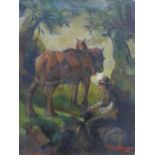Tom Hamsom, peasant boy with horse in a woodland clearing, oil on board, 50 x 38cms, framed