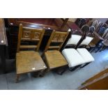 A pair of Victorian oak hall chairs and another pair of chairs