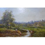English School, landscape with peasant figures by a river, oil on canvas, indistinctly signed, dated