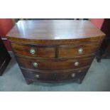 A George III mahogany bow front chest of drawers, 91cms h, 90cms w, 47cms d