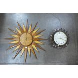 A Westclox Electric brass sunburst wall clock and a teak sunburst wall clock