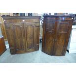 Two George III mahogany and oak bow front hanging corner cupboards
