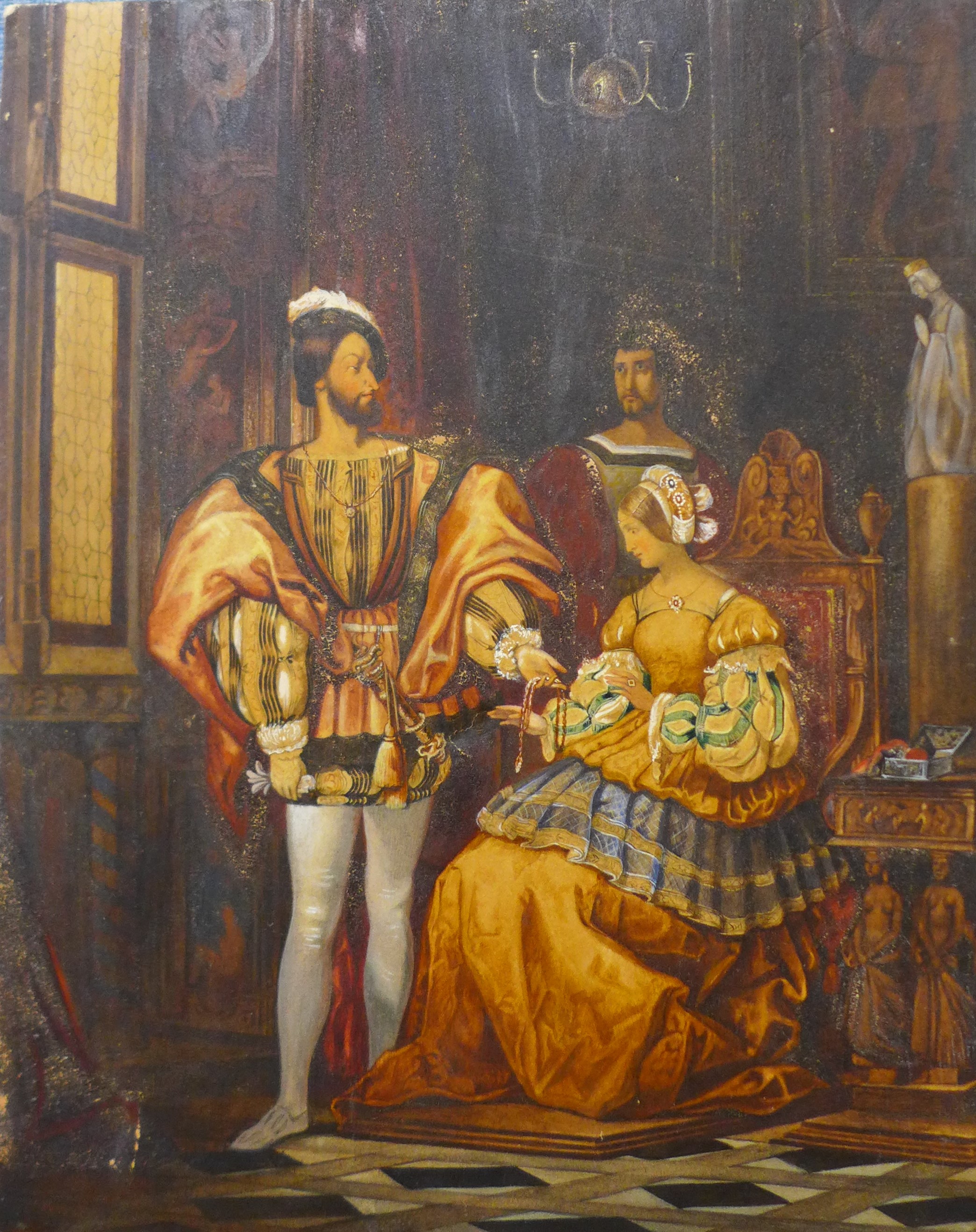 An early 19th Century interior scene with Royal Tudor figures, oil on board, 40 x 33cms, unframed