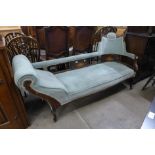 An Edward VII inlaid mahogany and upholstered chaise longue