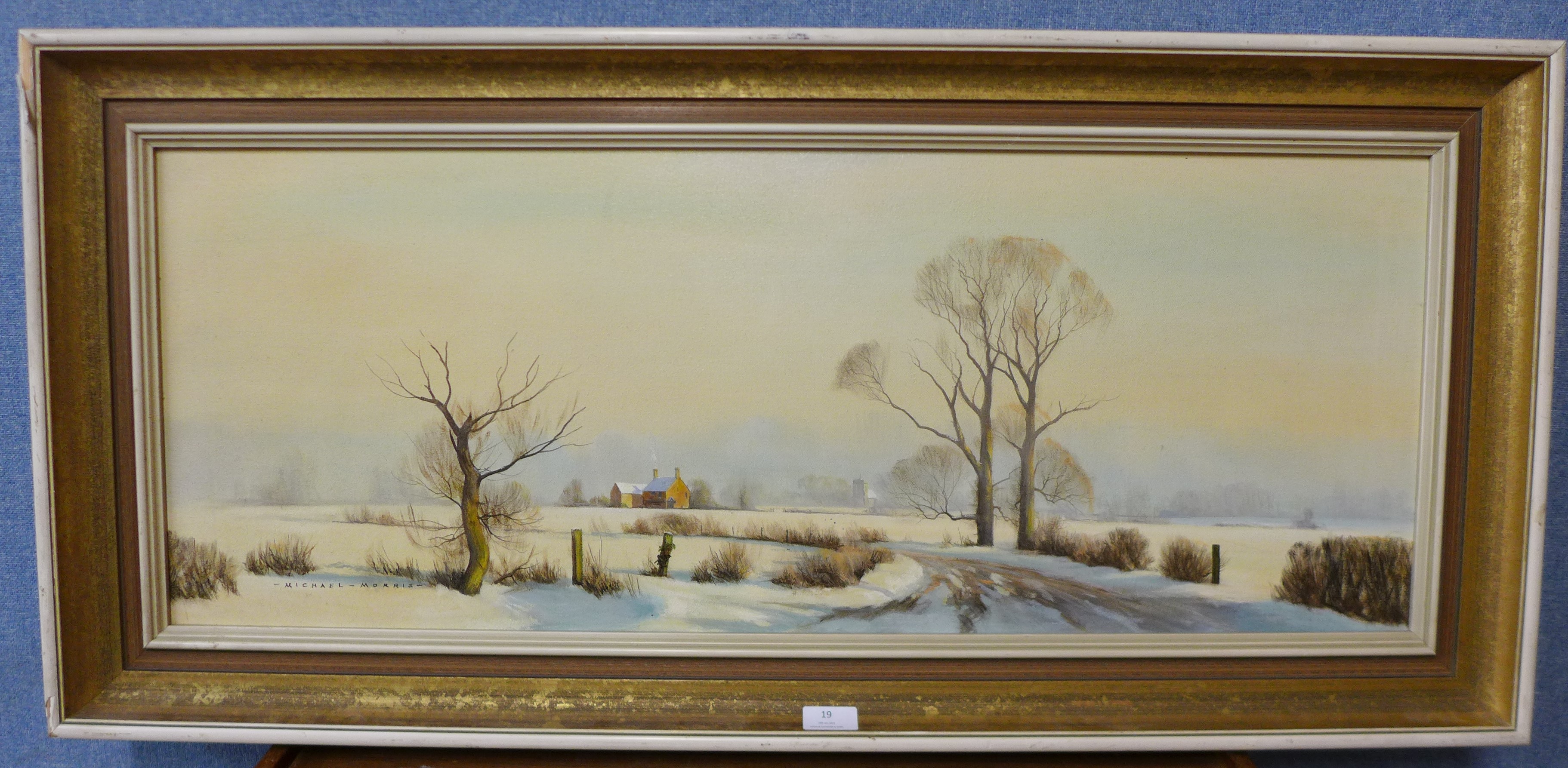 Michael Morris (b. 1938), rural snowy winter landscape, oil on canvas, 34 x 90cms, framed - Image 2 of 4