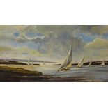 Charles J. Simkins, landscape with sailing boats in a harbour, oil on board, 40 x 76cms, unframed