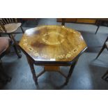 A Victorian walnut marquetry inlaid centre table, 69cms h, 70cms w, 70cms d