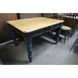 A Victorian painted pine single drawer scrub top farmhouse kitchen table, 73cms h, 120cms w, 89cms d