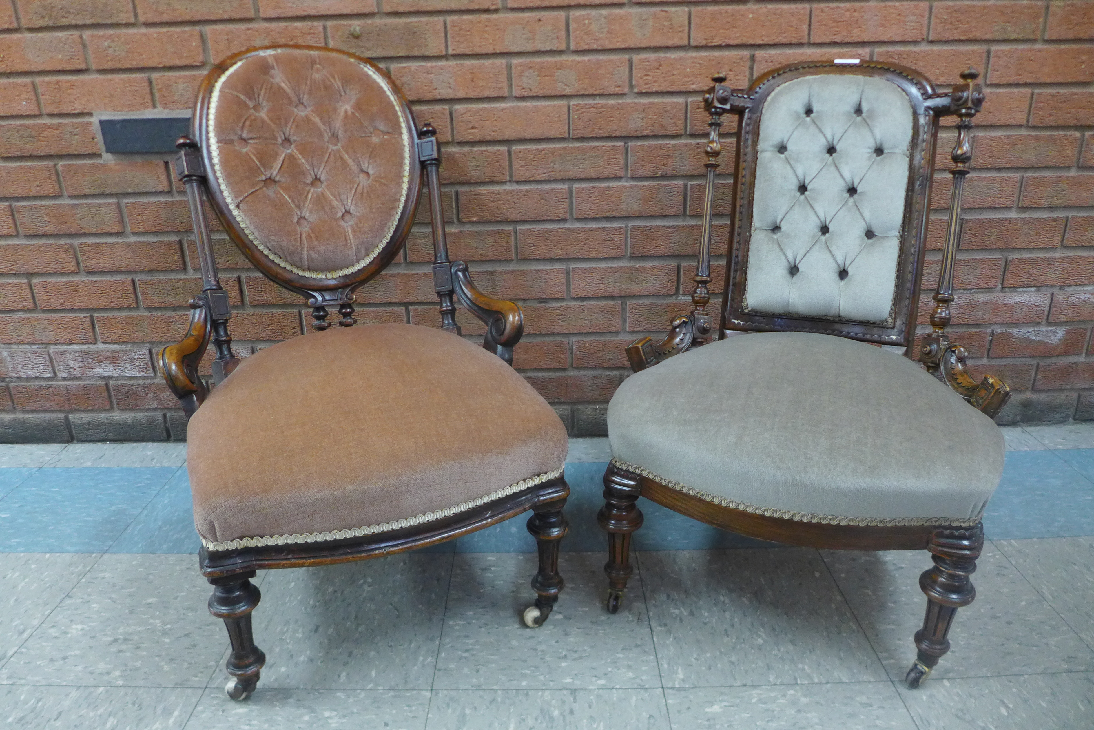 Two Victorian walnut and upholstered lady's chairs