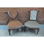 Two Victorian walnut and upholstered lady's chairs