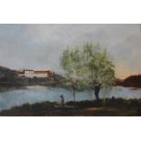 French School, river landscape, after Corot, oil on board, indistinctly signed, 40 x 60cms, unframed