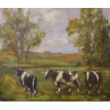 English School (early/mid 20th Century), landscape with cows grazing in a field, oil on canvas, 51 x