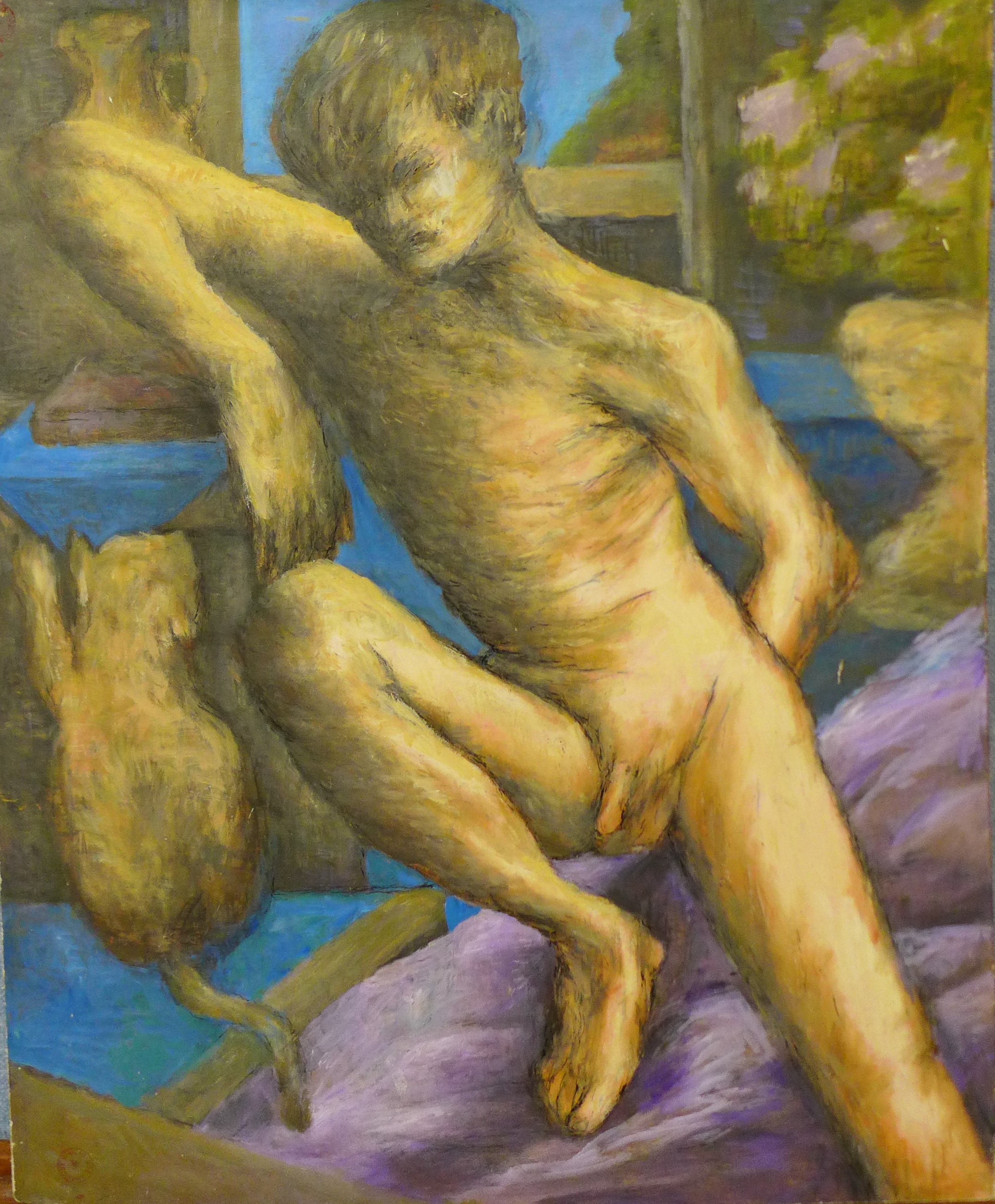 Joseph Smalley (1922-2016), portrait of a male nude, oil on board, 67 x 55cms, unframed