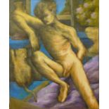 Joseph Smalley (1922-2016), portrait of a male nude, oil on board, 67 x 55cms, unframed