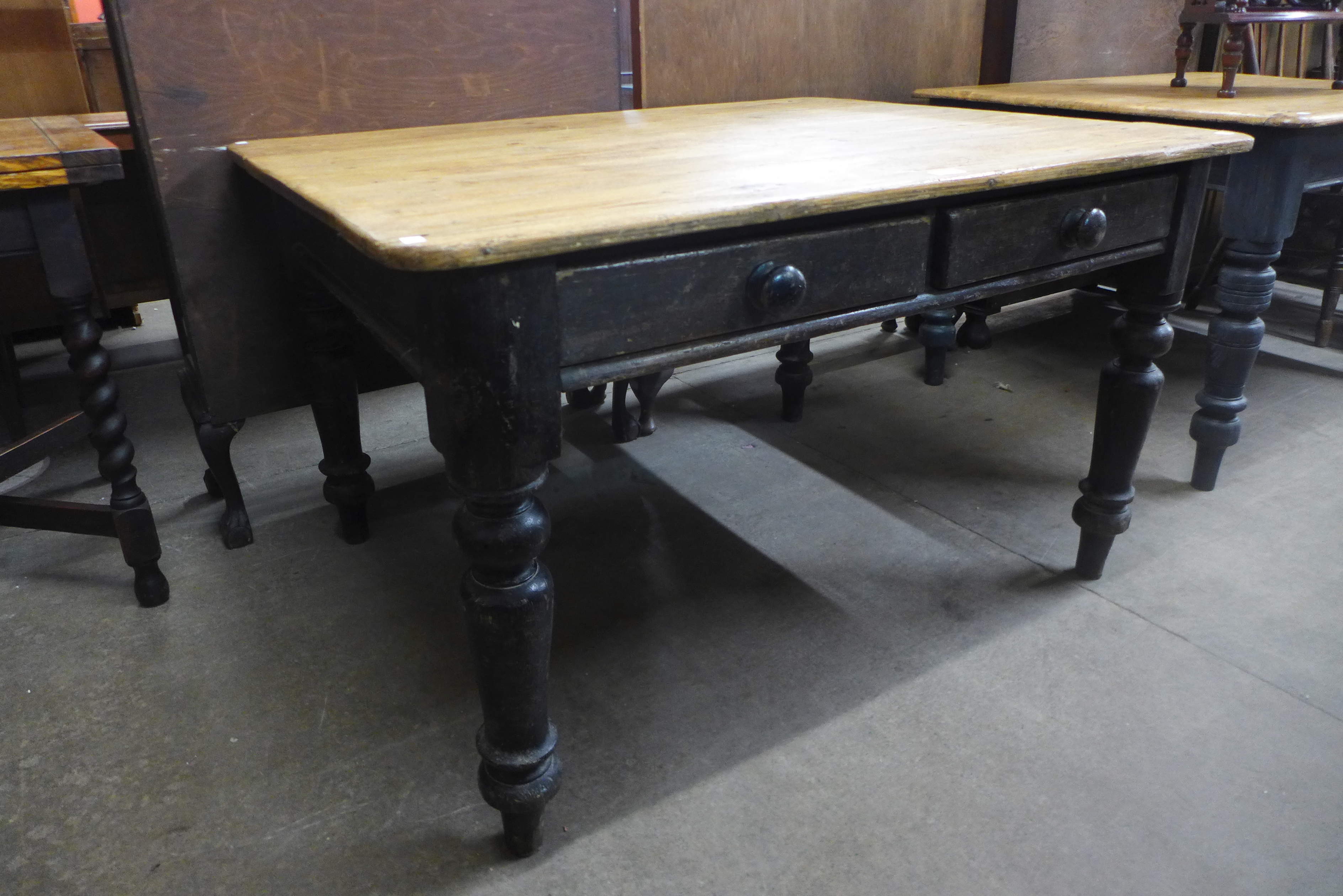 A Victorian painted pine two drawer scrub top farmhouse kitchen table, 73cms h, 122cms w, 98cms d