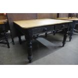 A Victorian painted pine two drawer scrub top farmhouse kitchen table, 73cms h, 122cms w, 98cms d