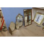 A mahogany framed mirror, a gilt dressing table mirror and one other