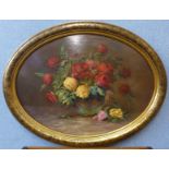 French School, oval still life of roses in a vase, oil on board, indistinctly signed, 53 x 74cms,