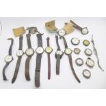 Seventeen silver wristwatches including trench watches and a silver cocktail watch case and